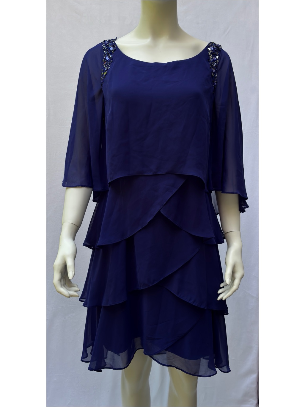 Slny Womens Tulip Sleeve Tiered Chiffon Cocktail Dress 12 Navy Nwt 220$